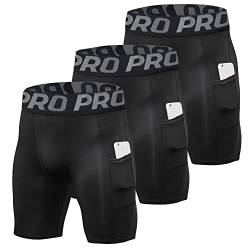 YUSHOW 3er Pack Kompressionsshorts Herren Kompressionshose Sporthose Kurz Schnell Trocknend Atmungsaktive Kurze Radlerhose Sommer Männer Laufhose Funktionsunterwäsche mit Taschen von YUSHOW