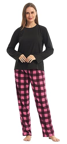 YUSHOW Schlafanzug Damen Lang Zweiteiliger Winter Pyjama Lange Oberteile Microfleece Karierte Pyjamahose Hausanzug Kuschelig Frauen Weihnachts Lounge Set,Schwarz+Rosa Kariert,L von YUSHOW