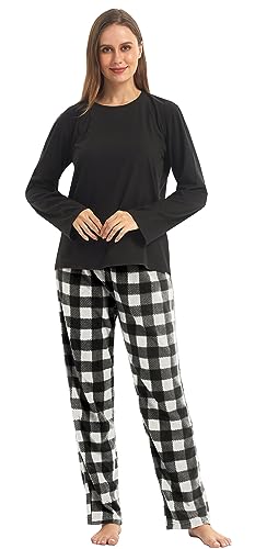 YUSHOW Schlafanzug Damen Winter Zweiteiliger Lange Oberteile Fleece Karierte Pyjamahose Hausanzug Kuschelig Frauen Weihnachts Lounge Pyjama Set,Schwarz+Grau Kariert,L von YUSHOW