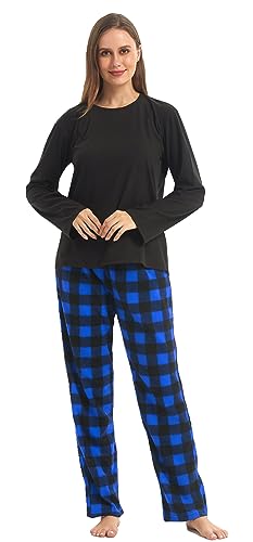 YUSHOW Schlafanzug Damen Winter Zweiteiliger Lange Oberteile Microfleece Karierte Pyjamahose Hausanzug Kuschelig Frauen Weihnachts Lounge Pyjama Set,Schwarz+Blau Kariert,S von YUSHOW