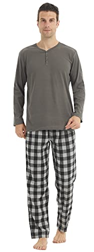 YUSHOW Schlafanzug Herren Lang Zweiteiliger Winter Henley Langarm Shirt Flanell Karierter Pyjamahose mit Tasche Weich Fleece Pyjama Loungewear Set,Dunkelgrau,grau Schwarz Kariert Größe XL von YUSHOW