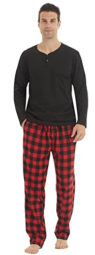 YUSHOW Schlafanzug Herren Lang Zweiteiliger Winter Henley Langarm Shirt Flanell Karierter Pyjamahose mit Tasche Weich Fleece Pyjama Loungewear Set,Schwarz + Rot Schwarz Kariert Größe L von YUSHOW