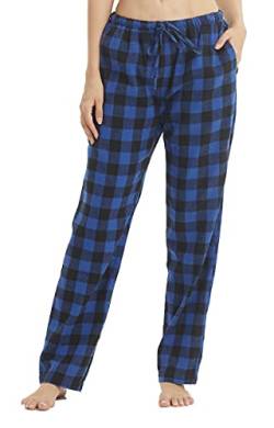 YUSHOW Schlafanzughose Damen Lang Flanell Baumwolle Karierte Pyjamahose Winter Weich Nachtwäsche Hose Freizeithose mit Taschen und Kordelzug, Blau Schwarz Kariert Größe M von YUSHOW