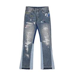 YUSHUO Graffiti Ink Painted Wide Leg Flare Pants Herren Streetwear Straight Casual Jeans Harajuku Washed Retro Loose Denim Hose - Beige, Asiatisch 34 von YUSHUO