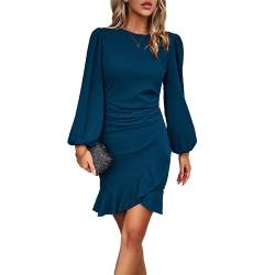 Damen Langarm Bodycon Minikleid Geraffte Puffärmel Rüschen Saum Rundhals Bleistift Cocktail Party Arbeit Büro Kleid, Blau dunkel, Mittel von YUTILA