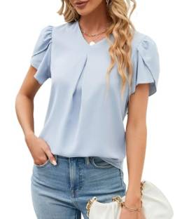 YUTILA Bluse Damen V-Ausschnitt Kurzarm Sommer Oberteile Tops Lässig Plissee Tops Blusen Elegant Shirt Rüschen Trim Frauen Hemd Einfarbig Loose Fit von YUTILA