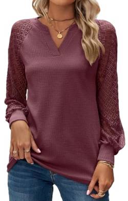 YUTILA Damen Langarmshirt Lockere Basic Lässiges Oberteil Elegant V-Ausschnitt Einfarbig Tunika von YUTILA