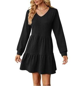 YUTILA Damen Strickkleider Langarm Herbst Winter Pulloverkleid V Ausschnitt Einfarbig Gestuftes Rüschen Freizeitkleider von YUTILA