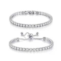 YUTTTPL 2 Paare Armband für Damen, verstellbares Tennisarmband kubischer Zirkon Kristallschieber vergoldetes Armband Freundschaftsschmuck Geschenk für Mädchen Mutter (17, Silber) (19, silber) von YUTTTPL