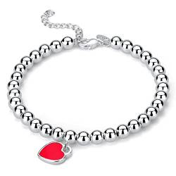 YUTTTPL Damen Herz Armband Halskette Schmuck Set, S925 Sterling Silber Armband Herz Silber Kugeln Armband Freundschaft Schmuck Geschenk für Mädchen Frau Mutter (A-Red) (G) von YUTTTPL