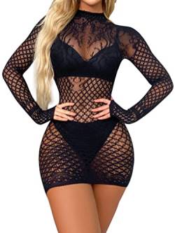 YUUMIN Bodystocking Damen Ouvert Transparent Minikleid Sexy Kurz Bodycon Dessous Kleid Langarm Cut Out Netzkleid Für Sex Erotisch Nachtwäsche Schwarz One Size von YUUMIN