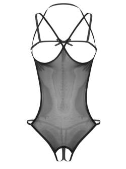 YUUMIN Damen Durchsichtig Bodysuit Brust Offen Mesh Netzbody Sexy Ouvert Catsuit Offener Schritt Unterwäsche Dessous Erotisch Nachtwäsche Schwarz One Size von YUUMIN