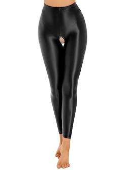 YUUMIN Damen Strumpfhose Offener Schritt Glänzend Stretch Seidenstrumpfhose Blickdicht Crotchless Leggings Pantyhose Ouvert Erotisch Nachtwäsche Schwarz C M von YUUMIN