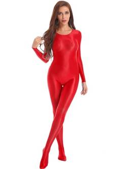 YUUMIN Damen Wetlook Ganzkörper Nylon Body Sexy Langarm/Ärmellos Bodysuit Ganzkörperanzug Glatt Glaze Unterhemd Strumpfhose Dessous Party Clubwear X Rot C XL von YUUMIN