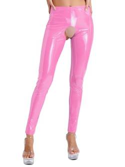 YUUMIN Damen Wetlook Hose Offen Im Schritt Lack Latex Lederhose Sexy Ouvert Crotchless Leggings Lang Eng Gogo Tanz Rave Outfits Rosa C L von YUUMIN