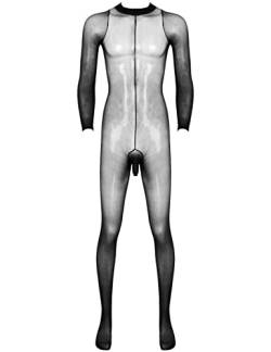 YUUMIN Ganzkörper Nylon Body Herren Transparent Einteiler Overall Jumpsuit Lang Ganzkörperanzug Langarm Muskelshirt Strumpfhose Mit Pennishülle Erotik Schwarz OneSize von YUUMIN