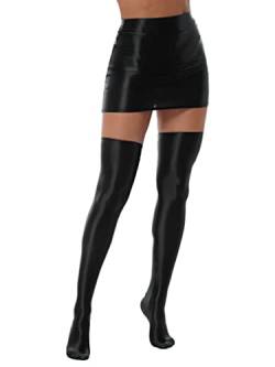 YUUMIN Glossy Rock Damen Sexy Kurz Figurbetonte Bodycon Minirock Satin Glanz Mit Overknee Strümpfe Kniestrümpfe Party Clubwear Schwarz M von YUUMIN