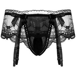 YUUMIN Herren Sissy Transparent Spitze Slip Rüschen Panties Höschen Dessous Sissy Blumenmuster Unterwäsche Mit Strumpfhalter Schwarz One Size von YUUMIN