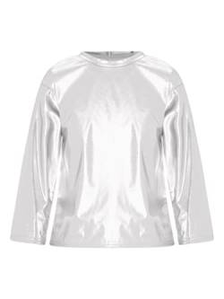 YUUMIN Kinder Mädchen Langarmshirt Metallic Glitzer Shirt Tshirt Locker Slim Fit Rundhals Oberteil Einfarbig Stretch Ballett Tanz Top Für Fasching Karneval Silber 110-116 von YUUMIN