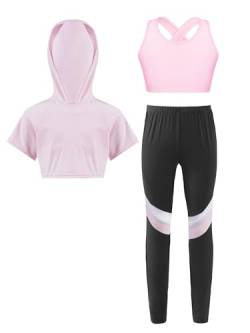 YUUMIN Kinder Mädchen Sportanzüge Jogginganzug Sport Sets Hosen + Crop Top Pullover Bekleidungssets Bauchfrei Mit Kapuze Yoga Fitness Outfit Sportswear Z_Rosa 122-128 von YUUMIN