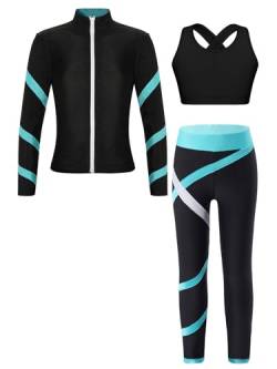 YUUMIN Kinder Mädchen Sportanzug 3tlg Trainingsanzug Langarm Strass Glitzer Eiskunstlauf Jacke Mit Sport BH Und Streifen Patchwork Gymnastikhose Dancewear Blau Grün 146-152 von YUUMIN