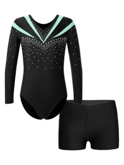 YUUMIN Kinder Strass Turnanzug Mit Shorts Mädchen Langarm Stehkragen Ballett Leotard Gymnastics Patchwork Bodysuit Mit Kurze Hose Leggings Tanzkleidung Hell Grün B 134-140 von YUUMIN