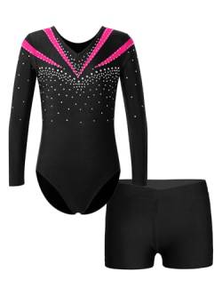 YUUMIN Kinder Strass Turnanzug Mit Shorts Mädchen Langarm Stehkragen Ballett Leotard Gymnastics Patchwork Bodysuit Mit Kurze Hose Leggings Tanzkleidung Hot Pink B 134-140 von YUUMIN