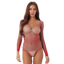 YUUMIN Nylon Body Damen Transparent Sexy Langarm Netzbody Sexy Dessous Tief V-Ausschnitt Achselhemd Catsuit Nylon Ouvert Glänzend Party Clubwear Rot OneSize von YUUMIN