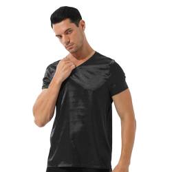 YUUMIN Satin Shirt Pullover Herren Kurzarm Glatt Pyjama Top Schlafshirt Seide Sexy V-Ausschnitt Tshirts Einfarbige Loungewear Nachtwäsche Schwarz M von YUUMIN