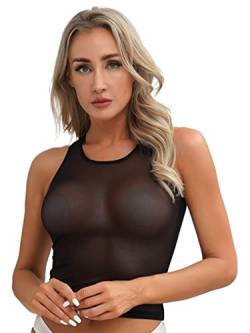 YUUMIN Transparent Shirt Damen Sexy Kurz Ärmellos Unterhemd Mesh Netz Oberteil Erotisch Dessous Sheer Unterwäsche Gogo Tanz Rave Outfits Schwarz XL von YUUMIN