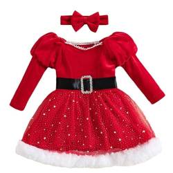 YUUMIN Weihnachten Kleid Kinder Mädchen Langarm Glitzer Strerne Print Samtkleid Partykleid Mit Federbesatz Miss Santa Claus Nikolaus Verkleidung Mit Stirnband Rot B 116-122 von YUUMIN