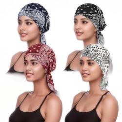 YUWJOOWEE 4 Stück Vorgebundenes Chemo-Kopftuch Beanie, Frauen Undercap Hijab, Drucken Kopfbedeckung Kopftuch Schal, Islamische Muslimische Turban Kopfbedeckung, Chemo Kopftücher für Damen von YUWJOOWEE