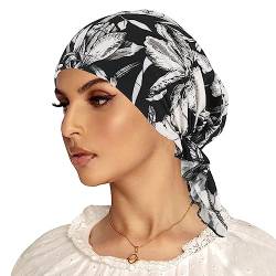 YUWJOOWEE Stretch Turban Mütze Kopftuch Drucken Kopfbedeckung Hüte,Frauen Muslim Beanie Schal Bandana Hut Chemo Krebs Chemotherapie Haarausfall Schlafmützen (Schwarze Blume) von YUWJOOWEE