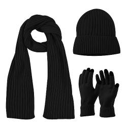 YUXUAN Mütze, Schal und Handschuhe, 3-teiliges Set, Touchscreen-Handschuh-Set, Unisex, Acryl mit Kaschmir, Winter-Strick-Geschenkset, Schwarz , One size von YUXUAN