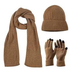 YUXUAN Mütze, Schal und Handschuhe, 3-teiliges Set, Touchscreen-Handschuh-Set, Unisex, Acryl mit Kaschmir, Winter-Strick-Geschenkset, beige, One size von YUXUAN