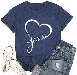 T-Shirt mit Aufdruck "Jesus", für Damen, mit Aufschrift "Love Jesus", christliches Design - Blau - X-Groß von YUYUEYUE