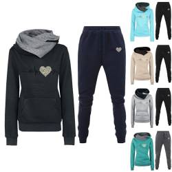 YWBleked Damen Trainingsanzüg Set 2 Teilig Warm mit Kapuze Sportswear Set Heartbeat Print Langarm Hoodie Lose Hosen Sportswear Damen Herbst Sportswear Set Sweatshirt Casual Langarm Set (B-3, XL) von YWBleked