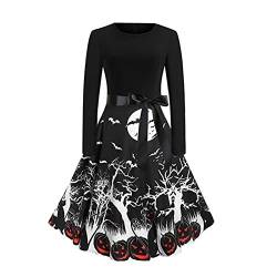 Frauen Halloween Kleid Vintage Party Kostüm Kleider Ghost Cobweb Print Langarm Swing Dress (Farbe : 01, Size : L) von YWJFASHION