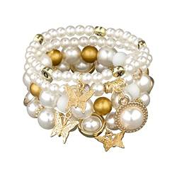 Armband Hochzeit 4pcs europäische amerikanische Perlen-weibliche Handschnur-Perlen-Schmetterlings-elastisches Armband-mehrschichtiges Perlen-Anhänger-Armband-Frauenzubehör Armband (C-White, One Size) von YWJewly