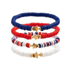 YWJewly Armreif 4. Juli-Feier-Armband-Set, Unabhängigkeitstag, weiches Keramik-Armband mit Perlen, Stretch-Stern-Flagge, kollidierende Hand, Schmuck, glänzend Damenuhren Günstig (Blue-1, One Size) von YWJewly