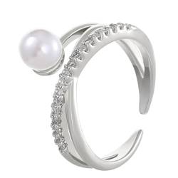 YWJewly Ringe Verlobungsring Vintage-Perlen-Silber-Gold-Ring, Perlenring, weibliche Persönlichkeit, Temperament, Set, offenes Design, Zeigefingerring Ringer Tasse (A, One Size) von YWJewly