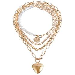 YWJewly Surferkette Perlenkette Mehrschichtige Nachahmungsperlenkette Retro-Halskette mit übertriebener Liebe Halskette Hochzeit Rose (Gold-6, One Size) von YWJewly
