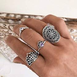 YWJewly Verlobungsring Ehering Ring für Braut Damen 4PC National Open Work Ring im Stil von Blumen lila Edelsteinen Kettenhemd Ringe (Silver #3, One Size) von YWJewly