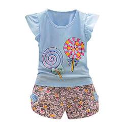 YWLINK 2PCS MäDchen Süß Outfits Lolly RüSchen KappenhüLse T-Shirt Tops + Blume Drucken Kurze Hosen Urlaub Strand Set(Hellblau,110) von YWLINK