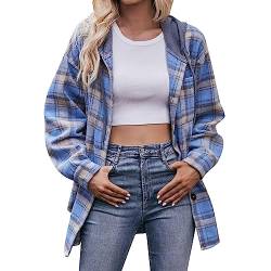 YWLINK Damen Hemd Kariertes Langarmshirt Karohemd Casual Winter Bluse Ärmeln Freizeithemd Top Outwear mit Kapuze Damen Flanellhemd mit Kapuze(Blau，XL) von YWLINK