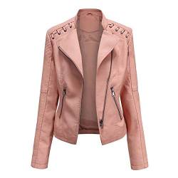 YWLINK Damen Lederjacke Kurz Bikerjacke Reverskragen Reißverschluss Leder Jacke Übergangsjacke Kurze Jacke aus Kunstleder mit Reißverschluss für Herbst(Rosa-B，XL) von YWLINK