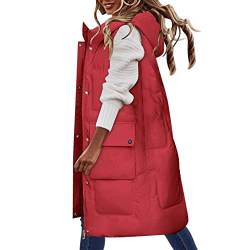 YWLINK Lang Jacke Weste Damen, Daunenweste mit Kapuze Winter Warm Longweste Lange Steppweste Leicht Winterjacke Winterweste Daunenmantel Daunenjacke Outdoor Puffer Jacke Mäntel(G-Rot，4XL) von YWLINK