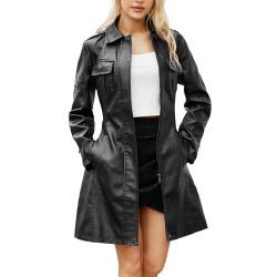 YWLINK Ledermantel Damen Einfarbige Windjacke aus Kunstleder Winterjacke mit Langem Turnkragen Lässiger Langarm Leder Cardigan Übergangsjacke Warmer Oberbekleidung(Schwarz，M) von YWLINK