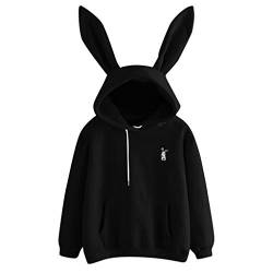 YWLINK Moda Damen Süß Hase Ohr Lange ÄRmel KäNguru Tasche Kapuzenpullover Sweatshirt Pullover Tops Stickerei Bluse Volltonfarbe(XL,Schwarz) von YWLINK