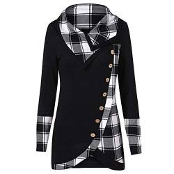 YWLINK Mode Damen Plaid Schalkragen Herbst Und Winter Warm Lange ÄRmel Pulli Pullover Rollkragen Tunika Karierter Rollkragenpullover Sweatshirt Bluse Seitliche Tasten Unregelmäßig Tops(XL,A Schwarz) von YWLINK